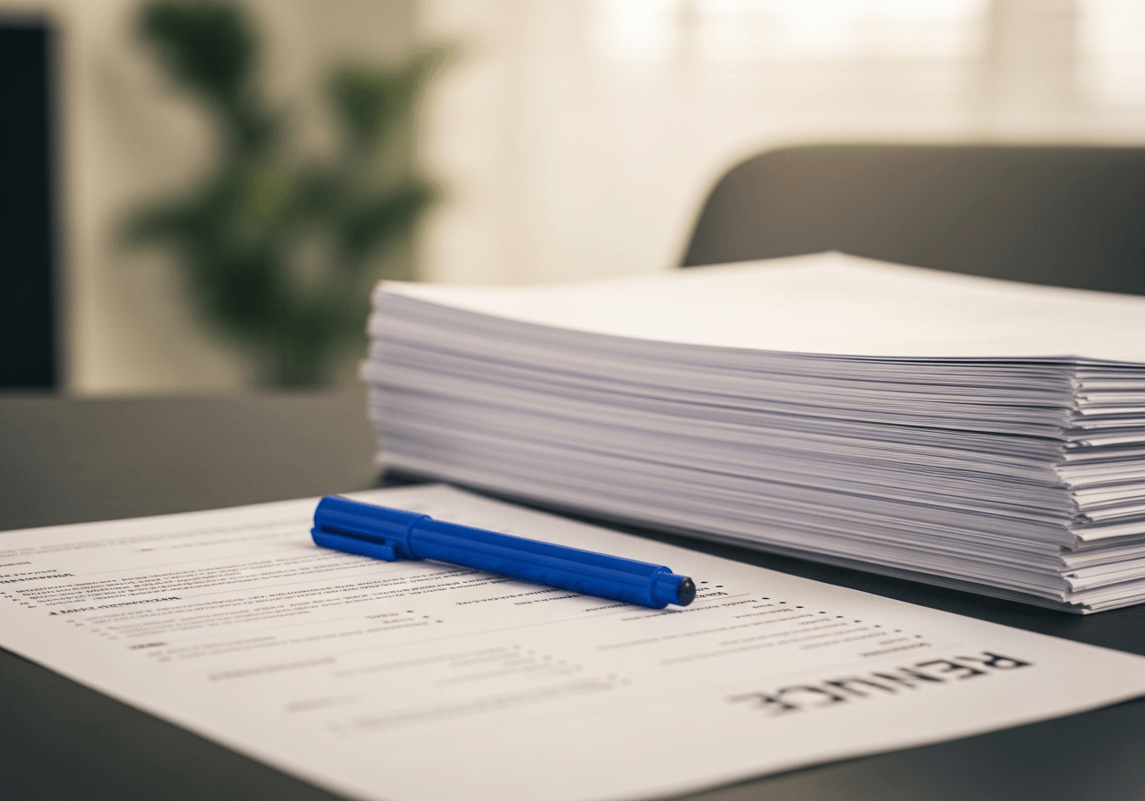 Cinematic still-life of a recruiter desk with a stack of resumes and a sapphire-blue glass marker resting on a role-spec sheet, representing the Candidate Intake and Qualification blueprint.