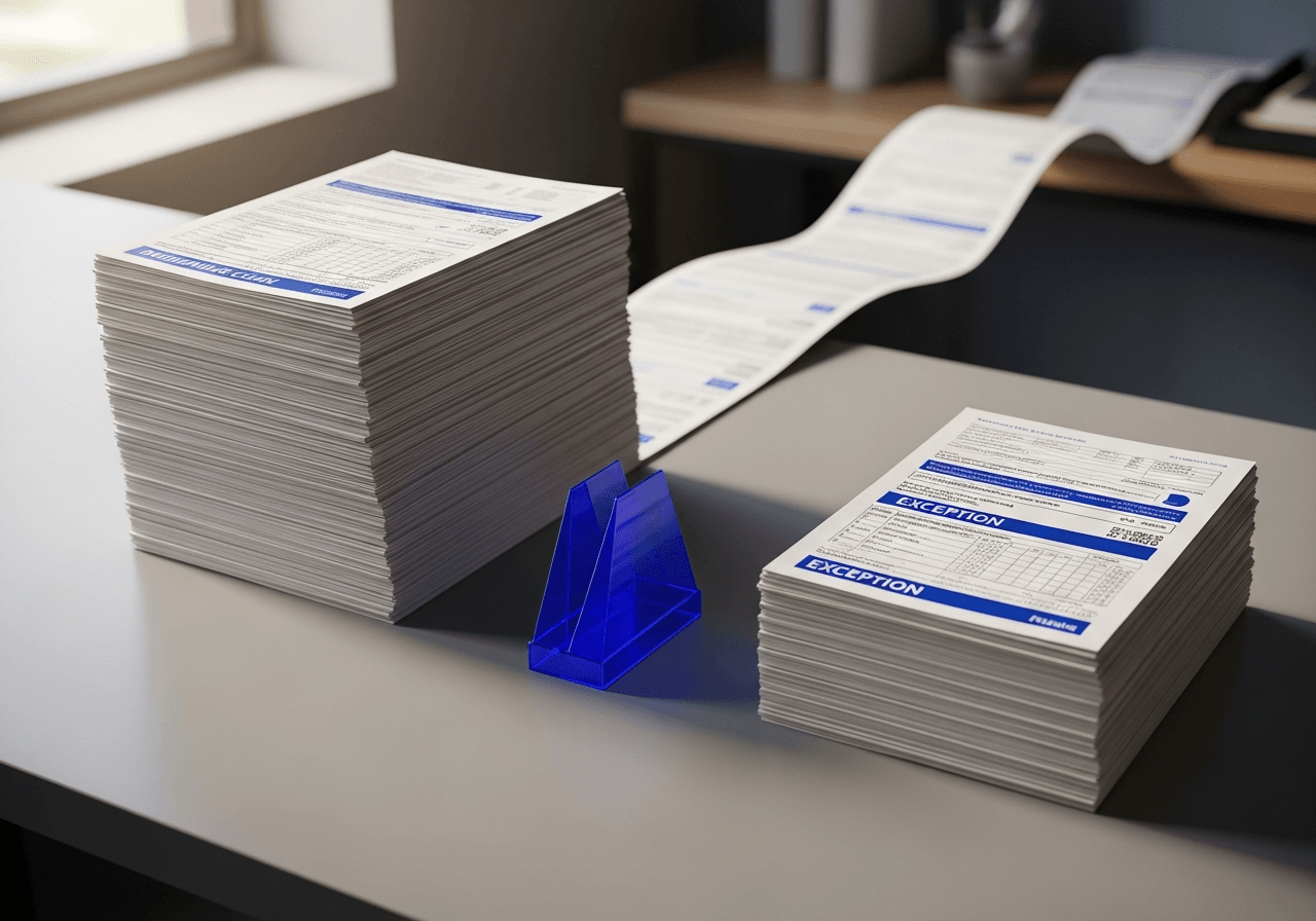 Cinematic still-life of a healthcare administrator desk with stacked claim documents and a sapphire-blue acrylic overlay catching the light, representing the Claims Processing Adjudication blueprint.