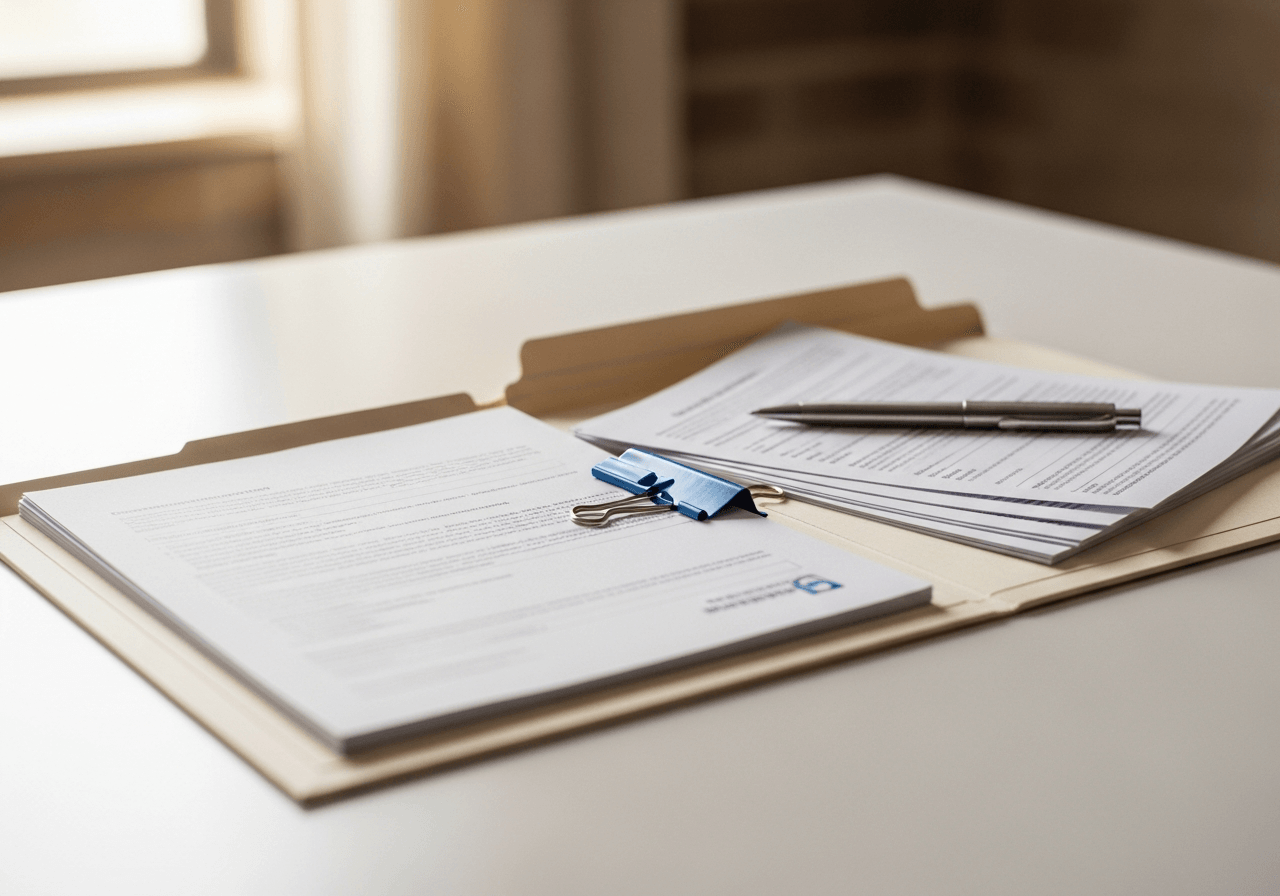 Cinematic still-life of a utilization-review desk with a case folder, medical-necessity criteria, and a sapphire-blue glass marker, representing the Prior Authorization blueprint.