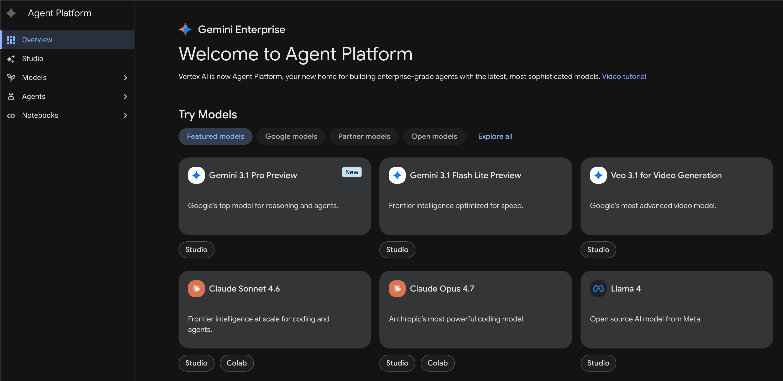 Screenshot of the Gemini Enterprise Agent Platform welcome view showing the platform overview surface in light mode.