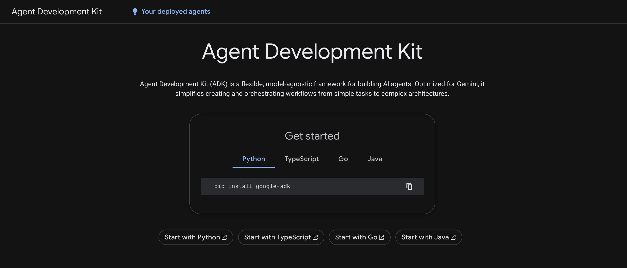 Screenshot of the Google Cloud Agent Development Kit product page showing the ADK landing surface in light mode.